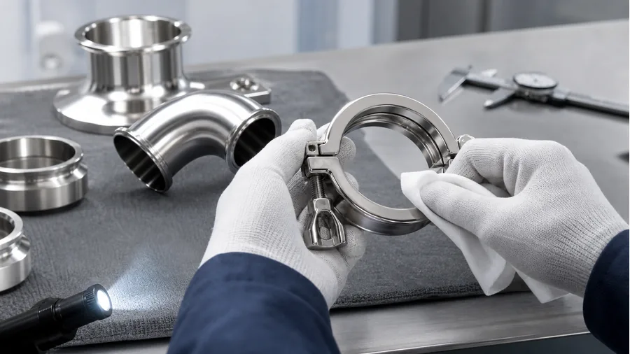 Polishing and surface inspection for sanitary stainless steel fittings